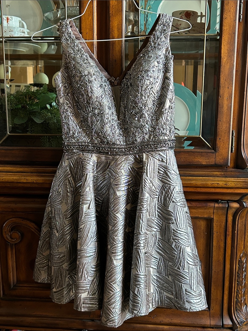 Silver Sequin Embellished V-Neck Evening Dress